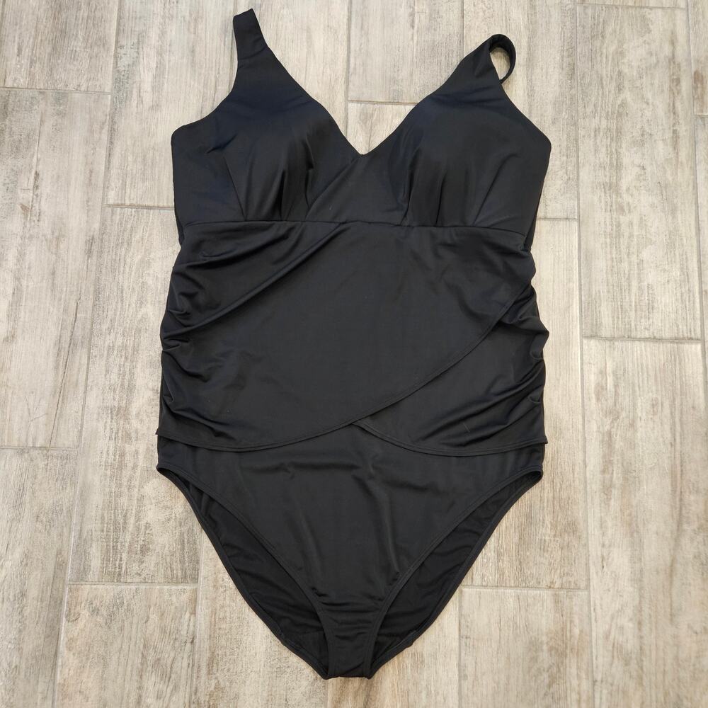 Cacique Swimsuit Womens Size 32 One Piece‎ Black V Neck Draped Ruched Front Swim